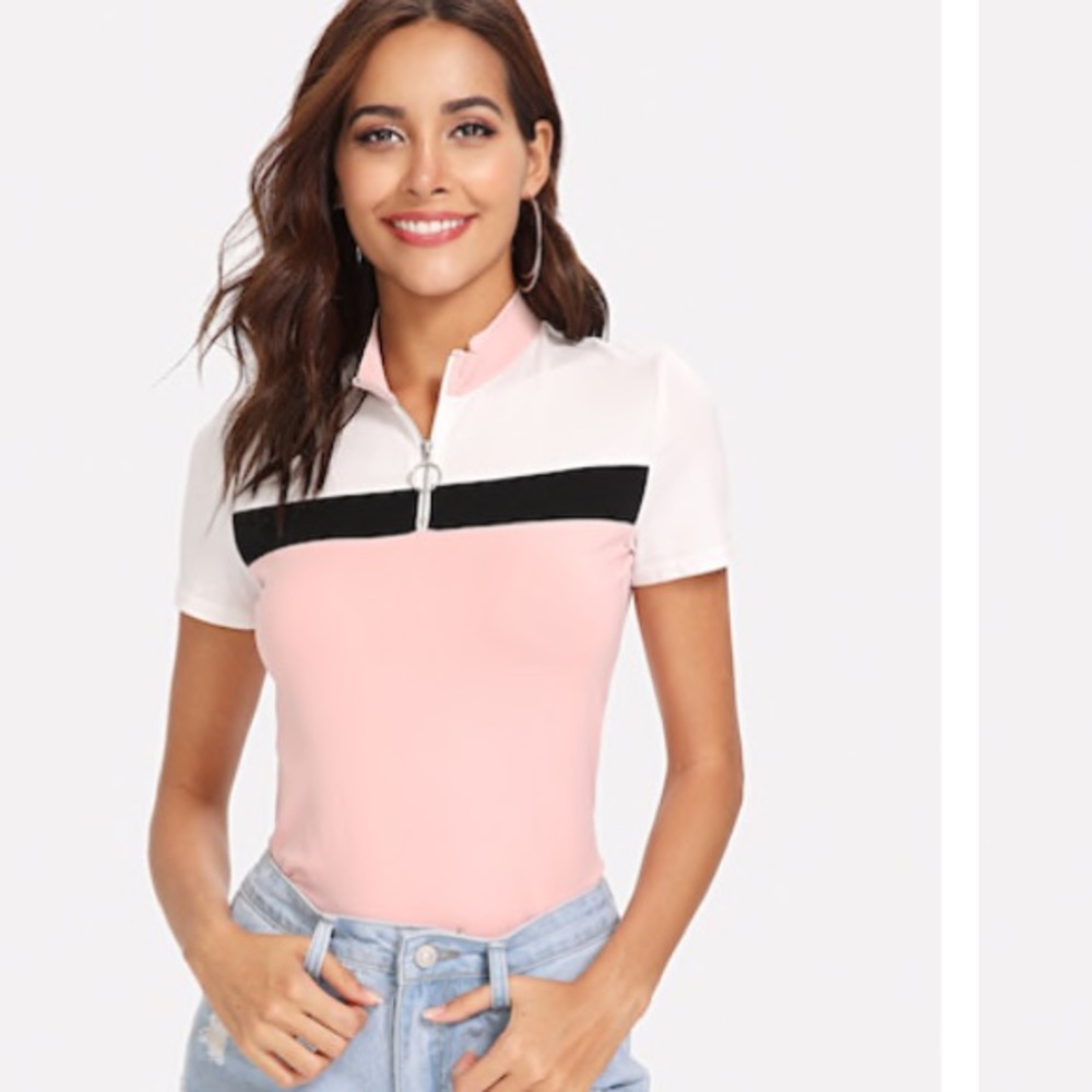 Polo shirt white pink and black color block